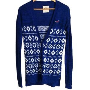 HOLLISTER Navy Blue & White Fair Isles Cotton Knitted Sweater Extra-Small